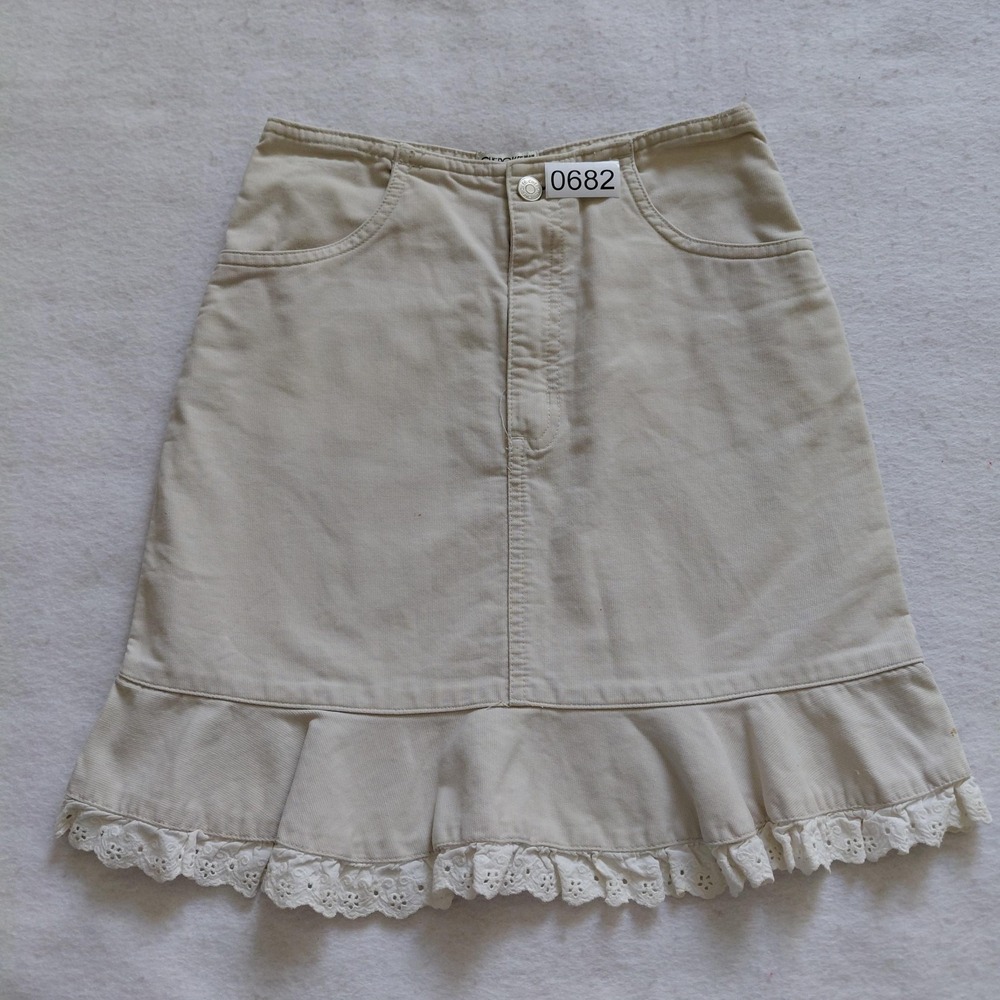 Cherokee Brand Corduroy Mini Skirt Beige Tan Ruffle Eyelet Lace Trim Size 8